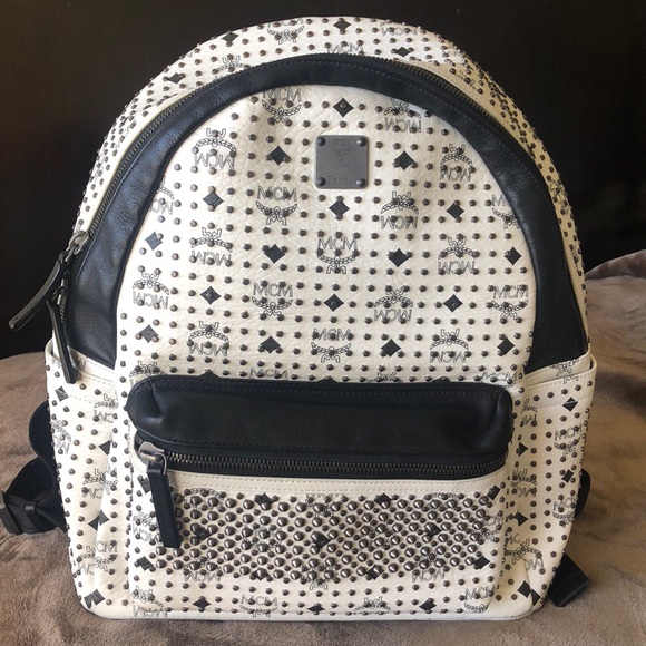 MCM Handbags - MCM Stark Studded Medium White Leather Backpack
